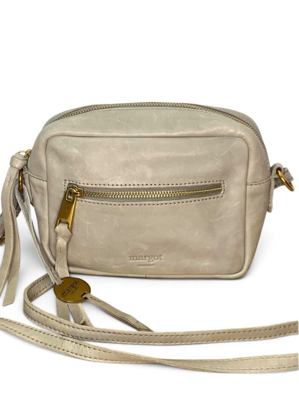 Margot New York Leather Crossbody Bag Beige With Gold Hardware Adjustable Strap